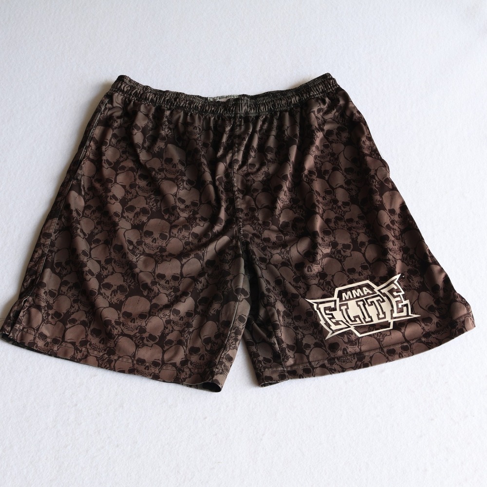 MMA Elite Shorts Men M Brown Skull Print Elastic Waist Gym Training Athletic Y2K